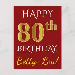 赤、偽の金 80歳の誕生日 + オーダーメイド ネーム ポストカード