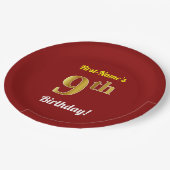 赤、偽の金 9歳の誕生日 + オーダーメイド ネーム ペーパープレート (アングル)