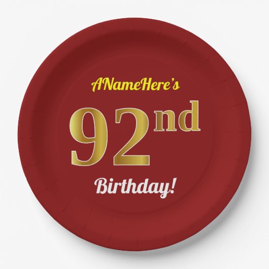 赤、偽の金 92歳の誕生日 + オーダーメイド ネーム ペーパープレート (正面)