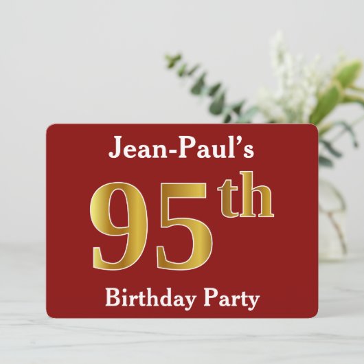 赤、偽の金 95歳の誕生日パーティー + オーダーメイド ネーム 招待状 (スタンド正面)