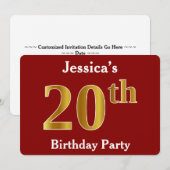 赤、偽ゴールド 20歳の誕生日パーティー + オーダーメイド名 招待状 (正面/裏面)