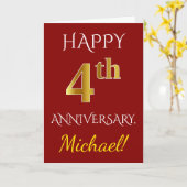 赤、偽金の4周年結婚記念日 + 名前 カード (黄色い花)