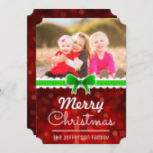 赤《写真》ぼけ味グリーンリボンクリスマスフォトカスタムカード シーズンカード (正面/裏面)