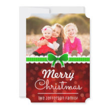赤《写真》ぼけ味グリーンリボンクリスマスフォトカスタムカード