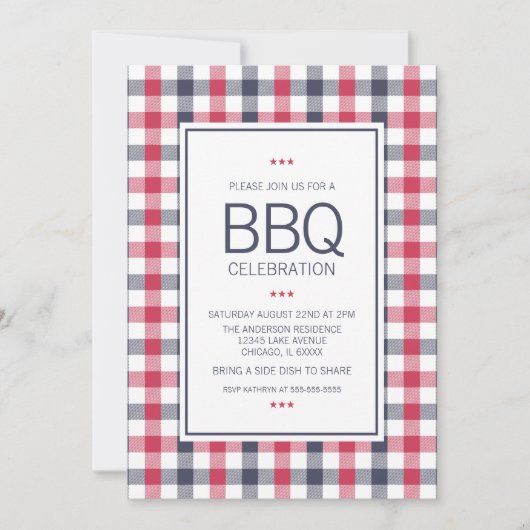 赤、名門私立校風の白、青の格子縞BBQパーティの招待状 招待状 (正面)