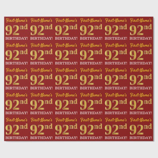赤、模擬ゴールド調 「92歳の誕生日」 ラッピングペーパー (フラット)