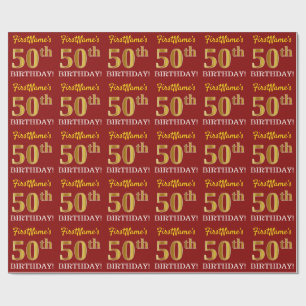 赤、模造金ゴールドルック"50誕生日" ラッピングペーパー