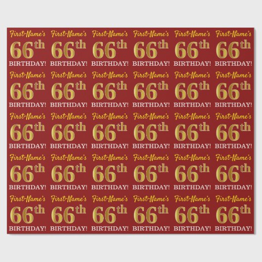 赤、模造金ゴールドルック"66誕生日" ラッピングペーパー (フラット)