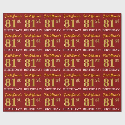 赤、模造金ゴールドルック"81誕生日" ラッピングペーパー (フラット)