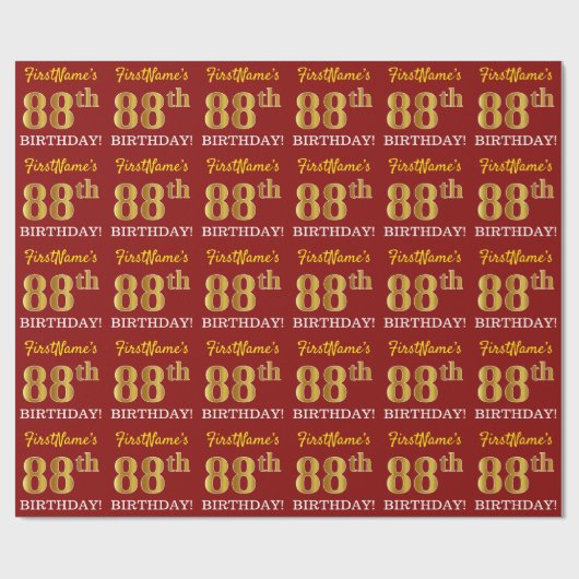 赤、模造金ゴールドルック"88誕生日" ラッピングペーパー (フラット)