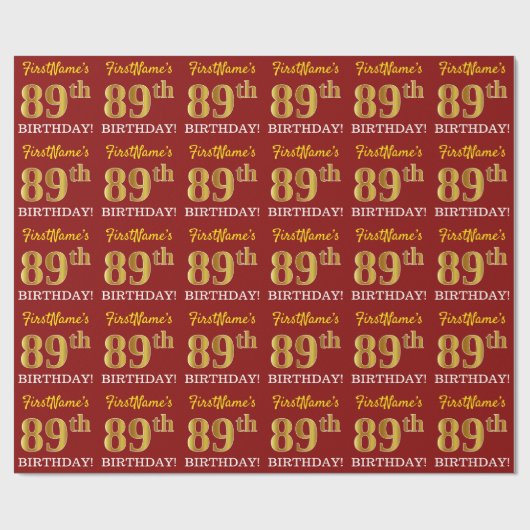 赤、模造金ゴールドルック"89誕生日" ラッピングペーパー (フラット)
