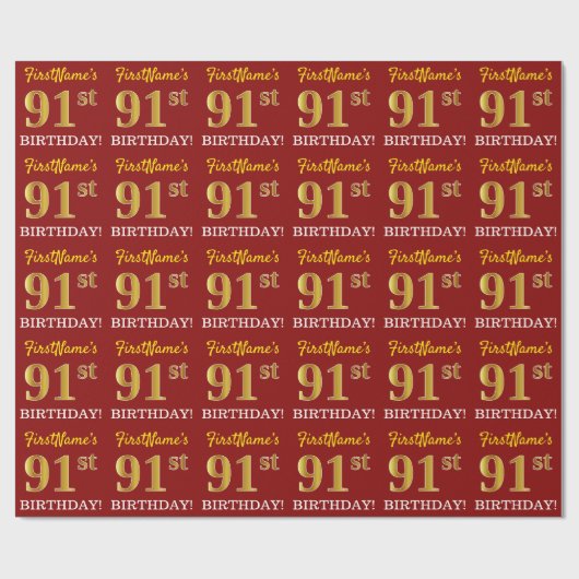 赤、模造金ゴールドルック"91誕生日" ラッピングペーパー (フラット)