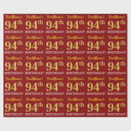 赤、模造金ゴールドルック"94誕生日" ラッピングペーパー (フラット)