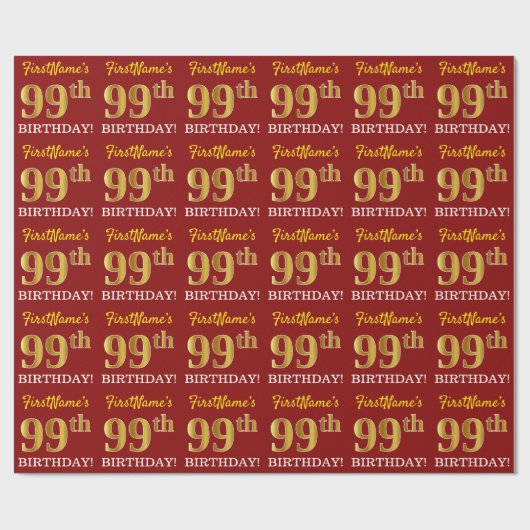 赤、模造金ゴールドルック"99誕生日" ラッピングペーパー (フラット)