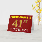 赤、模造金ゴールド「41番目の誕生日」誕生日カード カード (黄色い花)