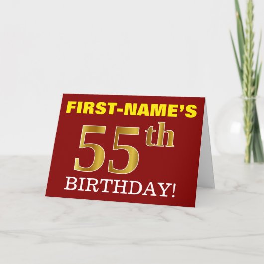 赤、模造金ゴールド「55番目の誕生日」誕生日カード カード (正面)