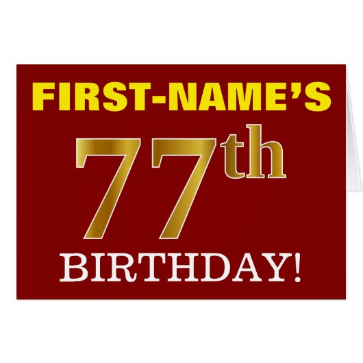 赤、模造金ゴールド「77番目の誕生日」誕生日カード (正面横)