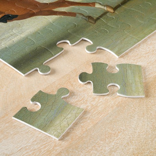 赤(油の疾走する競馬馬そして取付けられたジョッキー ジグソーパズル (側面)