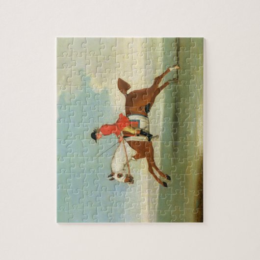 赤(油の疾走する競馬馬そして取付けられたジョッキー ジグソーパズル (縦)