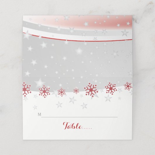 赤、灰色の雪の結晶の冬の結婚式を折り畳んだエスコート プレイスカード (外部開封)