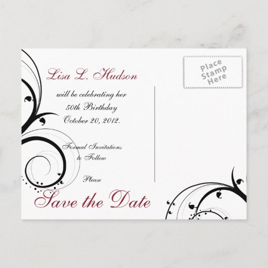 赤、灰色、黒の渦巻き状の日付はがきを保存 案内ポストカード (裏面)