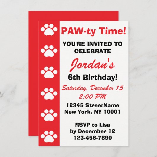 赤-犬または猫をテーマにしたバースデーパーティ招待状 招待状 (正面/裏面)
