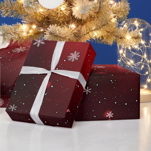 赤/白の雪片クリスマス ラッピングペーパー (クリスマス)