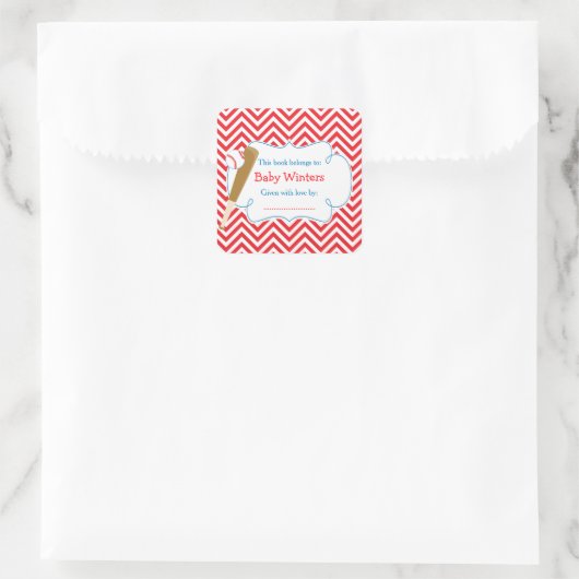 赤/白シェブロン野球赤ちゃんシャワー蔵書票 スクエアシール (バッグ)
