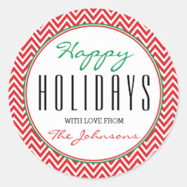 赤&白シェブロン「ハッピーホリデー」クリスマス ラウンドシール