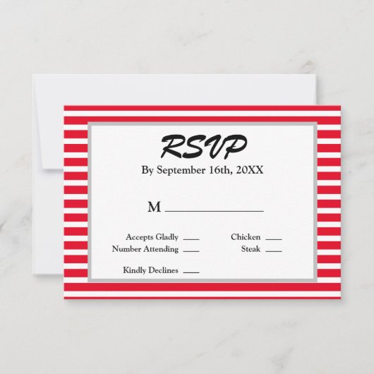 赤/白ストライプ枠の結婚式RSVPカード 出欠カード (正面)
