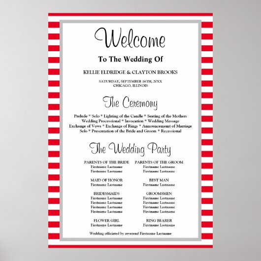 赤/白ストライプ結婚式 プログラムポスター ポスター (正面)