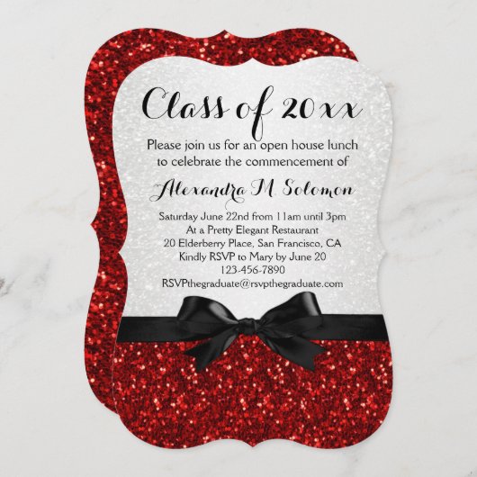 赤・白スパークリー弓形卒業招待状 招待状 (正面/裏面)