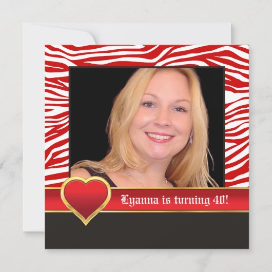 赤・白ゼブラ&ハート40歳の誕生日の写真 招待状 (正面)