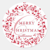 赤&白ワイルドフラワーモダンリースクリスマス ラウンドシール (正面)