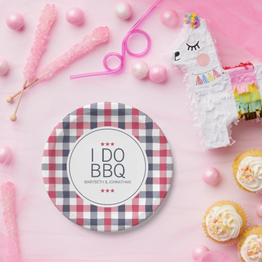 赤、白名門私立校風の、青の格子縞ウェディングシャワー ペーパープレート (パーティー)