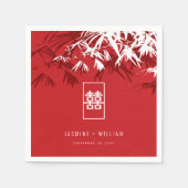 赤/白葉竹の中国の結婚Double Xi スタンダードカクテルナプキン (正面)