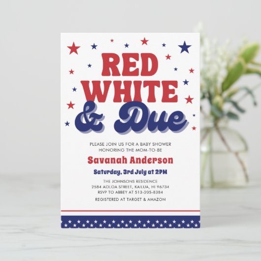 赤、白、および期限4日7月の愛国的な赤ちゃんシャワー 招待状 (スタンド正面)