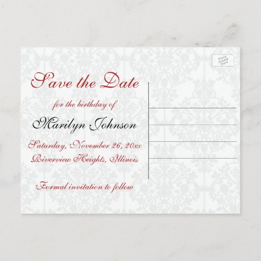 赤、白、および黒の日付はがきを保存 案内ポストカード (裏面)