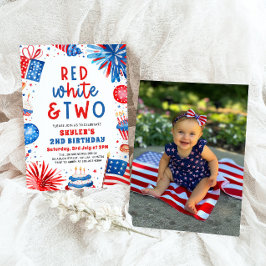 赤、白、そして2歳の7月4日 2回目の写真誕生日パーティー 招待状