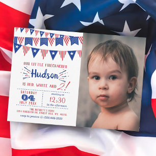 赤、白、そして2歳! 4th Of July 2歳の誕生日写真 招待状