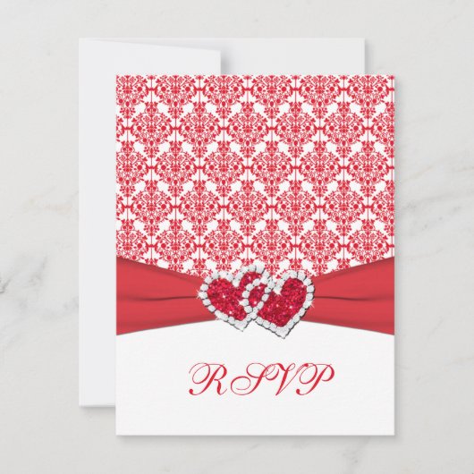 赤 & 白 ダマスク & ハート RSVP カード (正面)