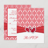 赤 & 白 ダマスク & ハート RSVP カード (正面/裏面)