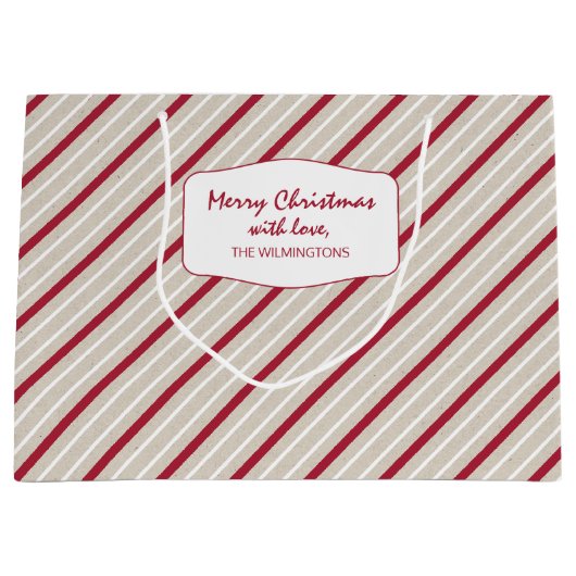 赤、白、ベージュのストライプ ラージペーパーバッグ (正面)