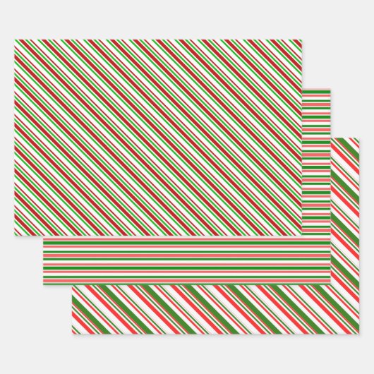 赤、白、緑のクリスマスインスパイアストライプ ラッピングペーパーシート (セット)