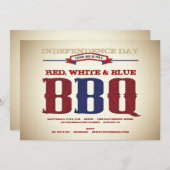 赤、白、青のオールドスタイル 7 月 4 日 BBQ 招待状 (正面/裏面)