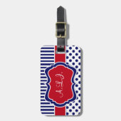 赤、白、青のストライプの水玉模様荷札 ラゲッジタグ (正面縦)