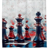 赤、白、青のチェスの駒キング、クイーン、ビショップ シャワーカーテン (正面)