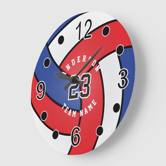 赤、白、青のバレーボールスタイルとDIY文字 ラージ壁時計 (傾斜)
