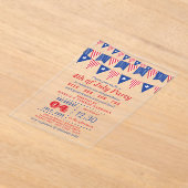 赤・白・青のバンティングフラッグ7月4日パーティー アクリル招待状 (レイダウン)