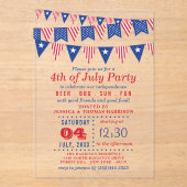 赤・白・青のバンティングフラッグ7月4日パーティー アクリル招待状 (正面)